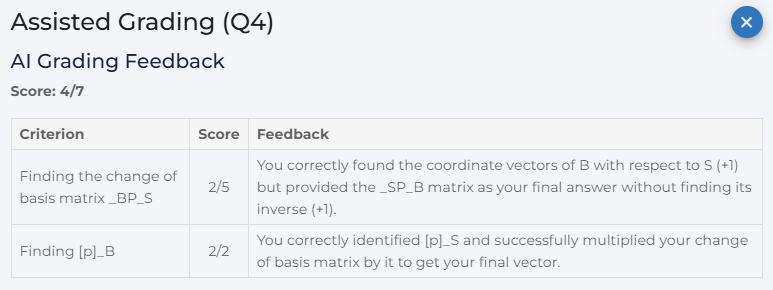 Assisted Grading dialog showing the AI's criterion-by-criterion rubric feedback and reasoning