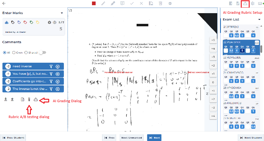 Three AI grading entry-point icons in the marking interface: toolbar robot icon, comment-panel robot-outline icon, and test-tube icon