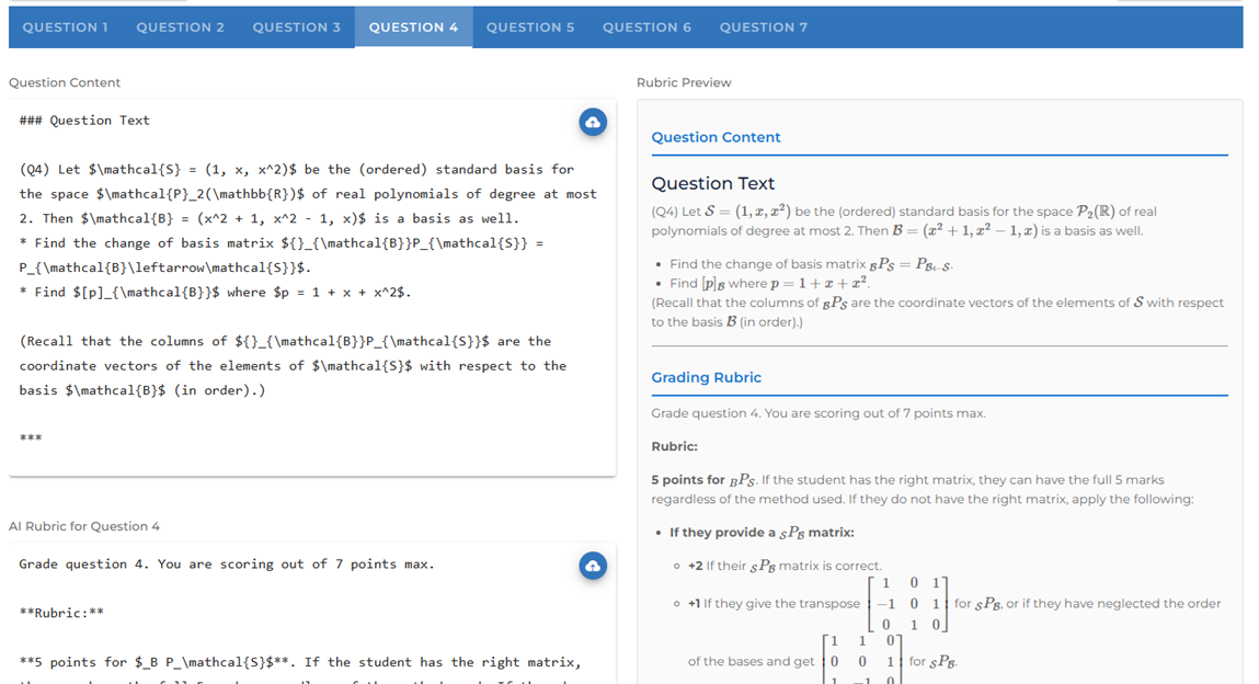 AI Grading Rubrics modal showing question tabs, question content field, rubric field, and live preview panel