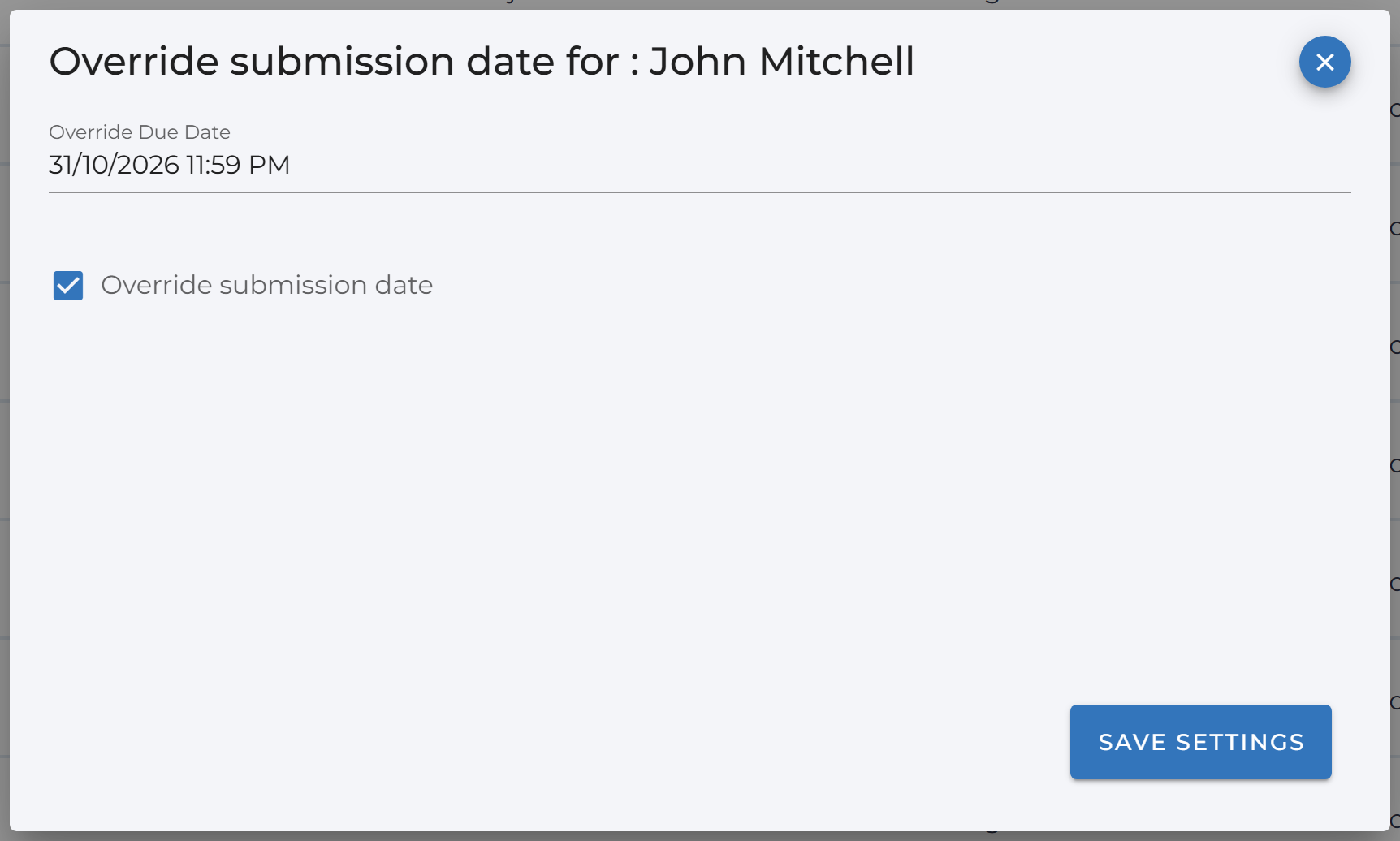 Override submission date dialog with an individual due date, override checkbox, and Save Settings button