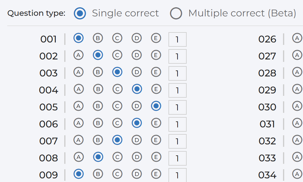 The answer key page in Single correct mode, showing radio buttons for options A to E and a score box for each question