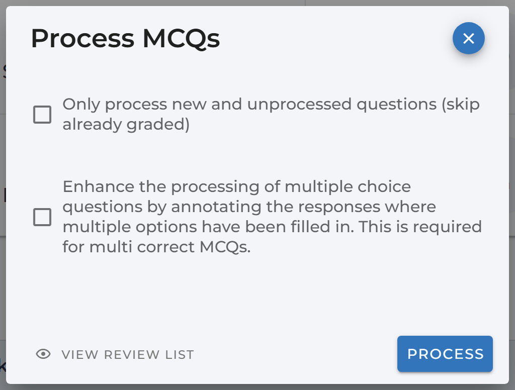 The Process MCQs dialog with the Only process ungraded and Enhanced processing checkboxes, plus View Review List and Process buttons