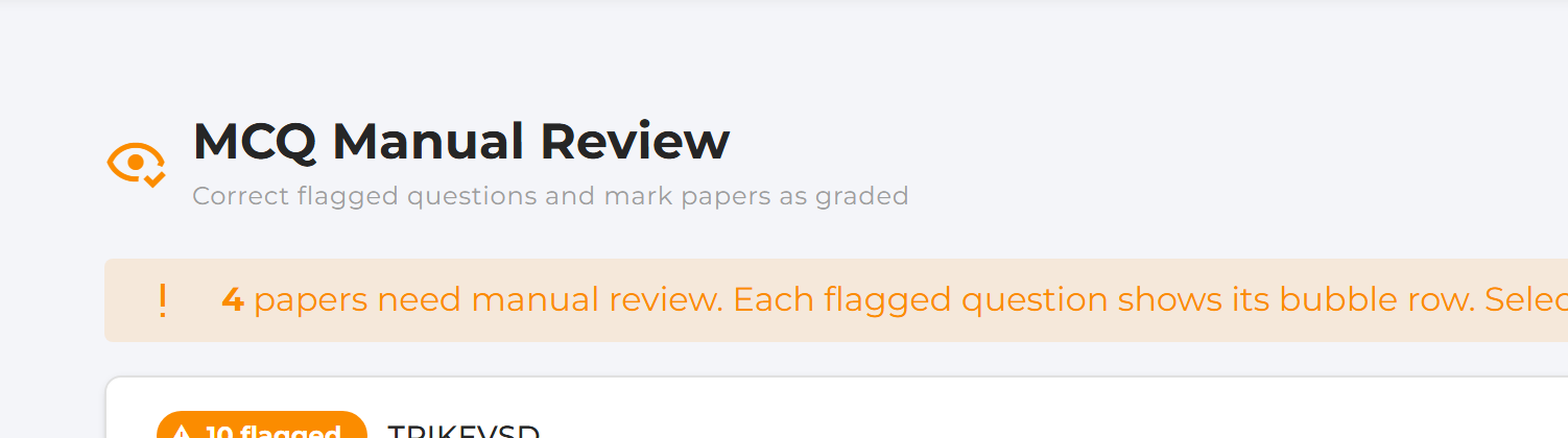 The MCQ Manual Review page listing flagged exam papers as expandable panels
