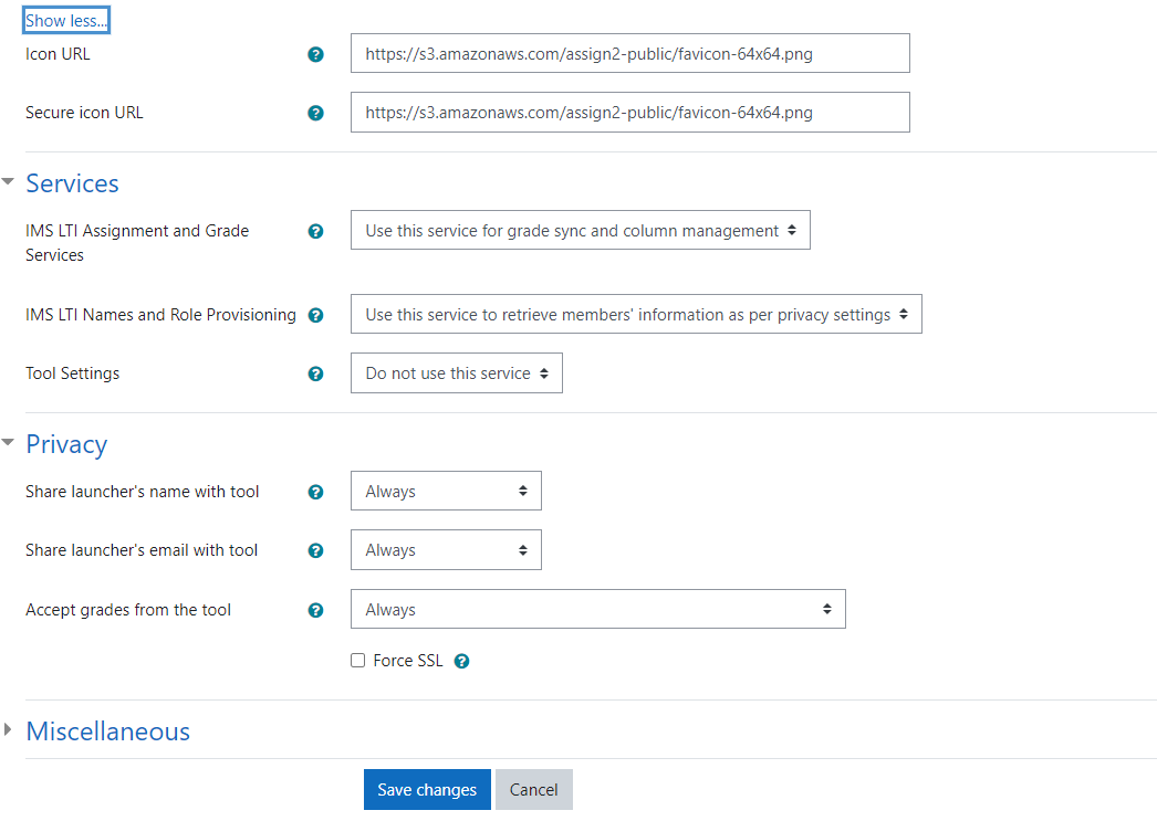 Screenshot showing the External tool configuration settings in Moodle