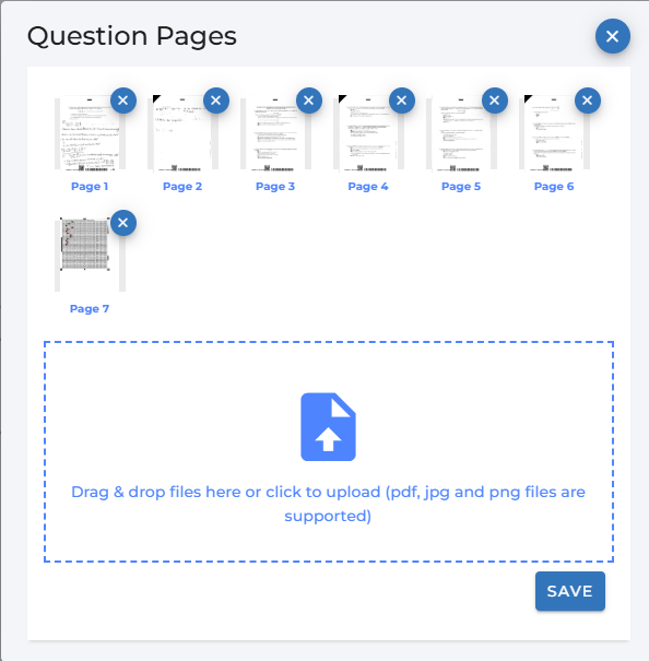 Upload extra pages dialog for attaching additional scan pages to a question
